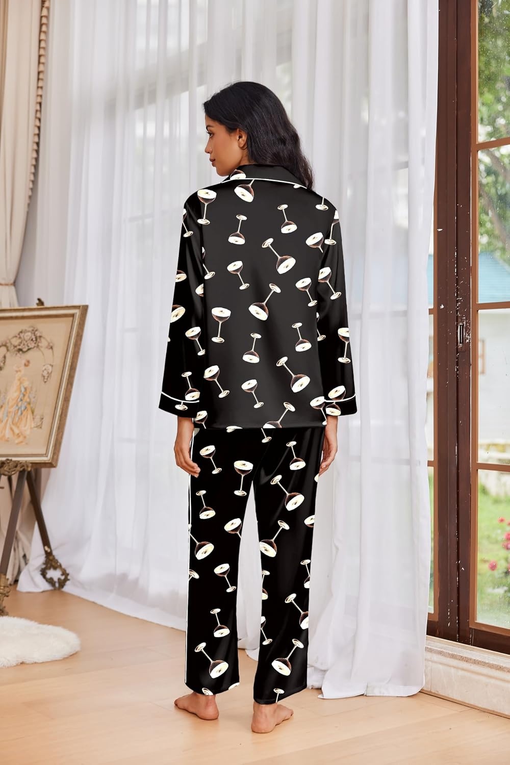 image:imageEkouaer Womens Pajama Sets Satin Silk Pjs Long Sleeve Button Down SleepwearMartini Drinks Black