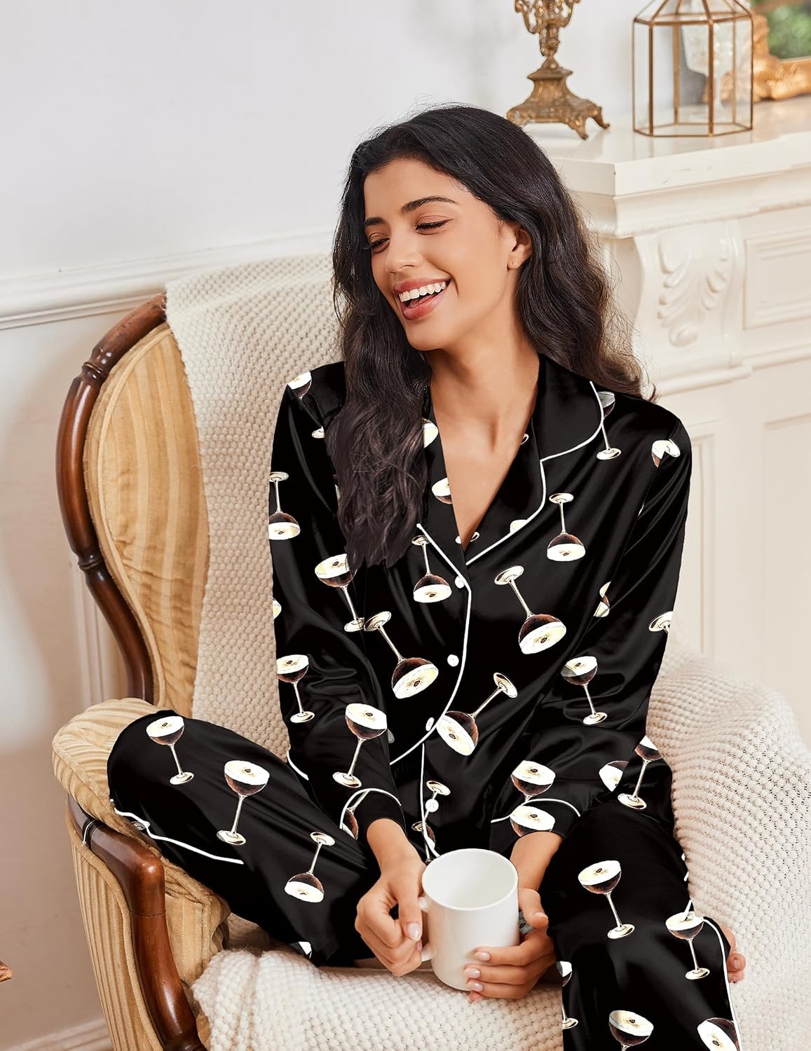 image:imageEkouaer Womens Pajama Sets Satin Silk Pjs Long Sleeve Button Down SleepwearMartini Drinks Black