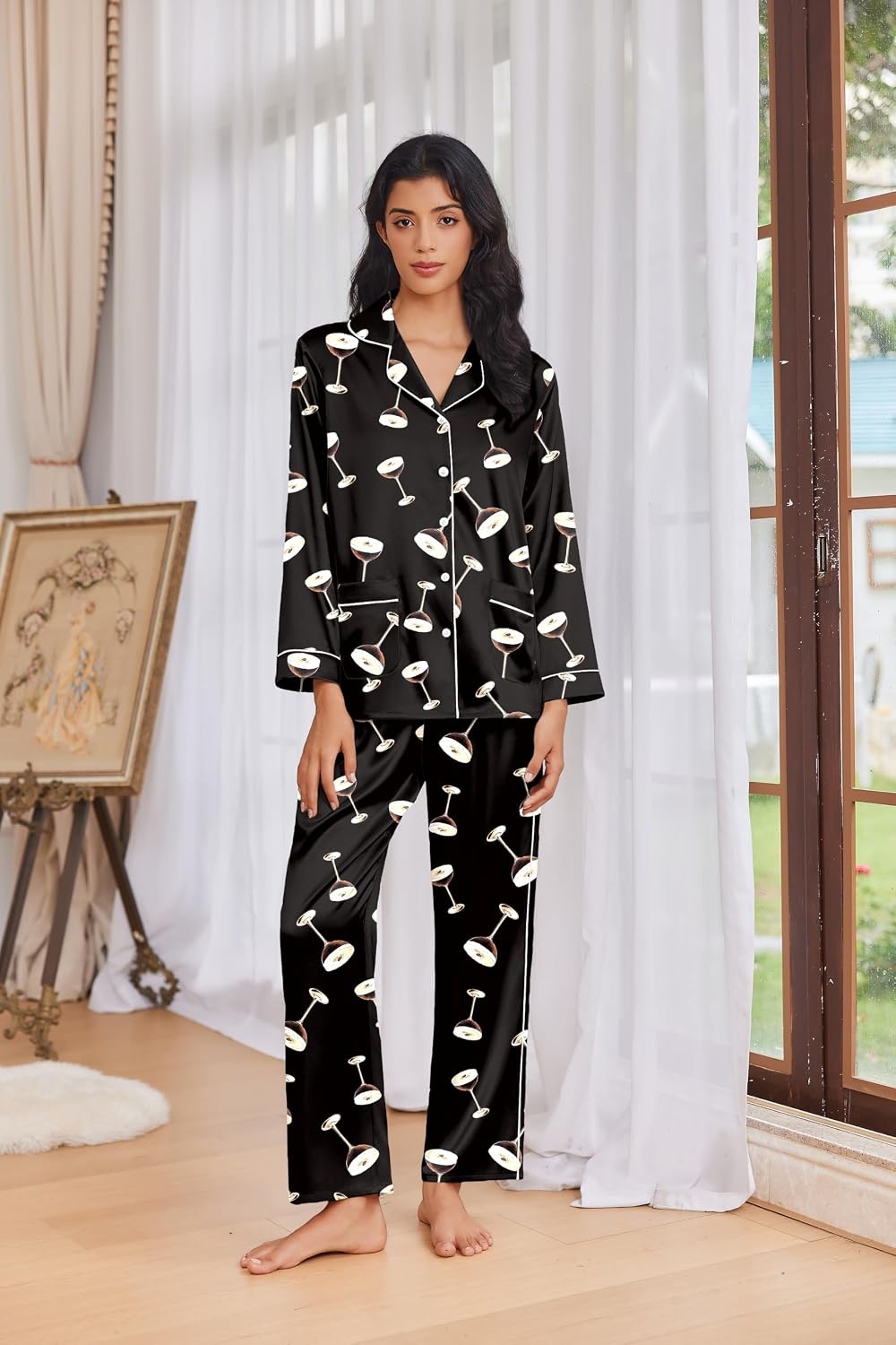 image:imageEkouaer Womens Pajama Sets Satin Silk Pjs Long Sleeve Button Down SleepwearMartini Drinks Black
