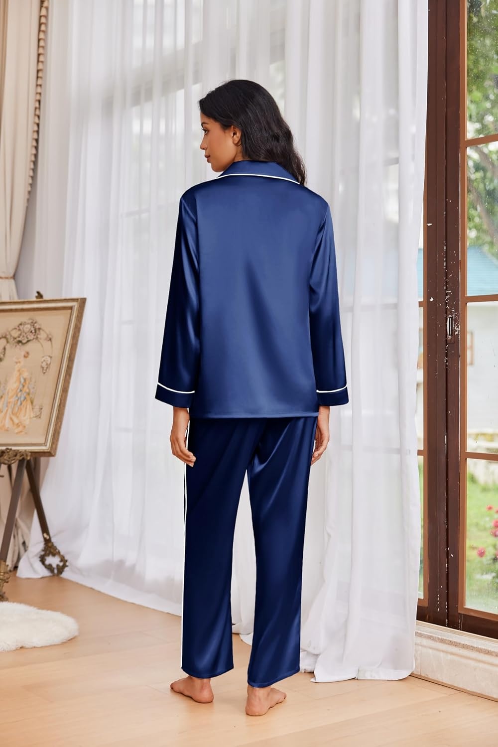 image:imageEkouaer Womens Pajama Sets Satin Silk Pjs Long Sleeve Button Down SleepwearNavy Blue