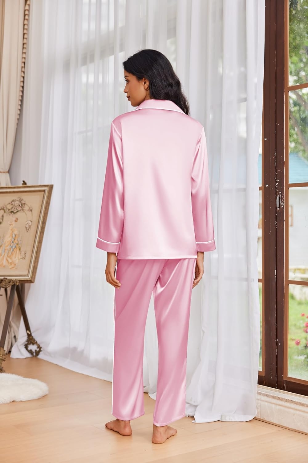 image:imageEkouaer Womens Pajama Sets Satin Silk Pjs Long Sleeve Button Down SleepwearPink