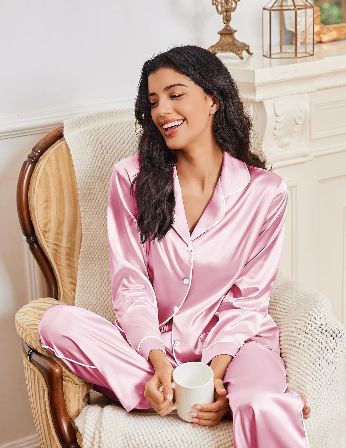 image:imageEkouaer Womens Pajama Sets Satin Silk Pjs Long Sleeve Button Down SleepwearPink
