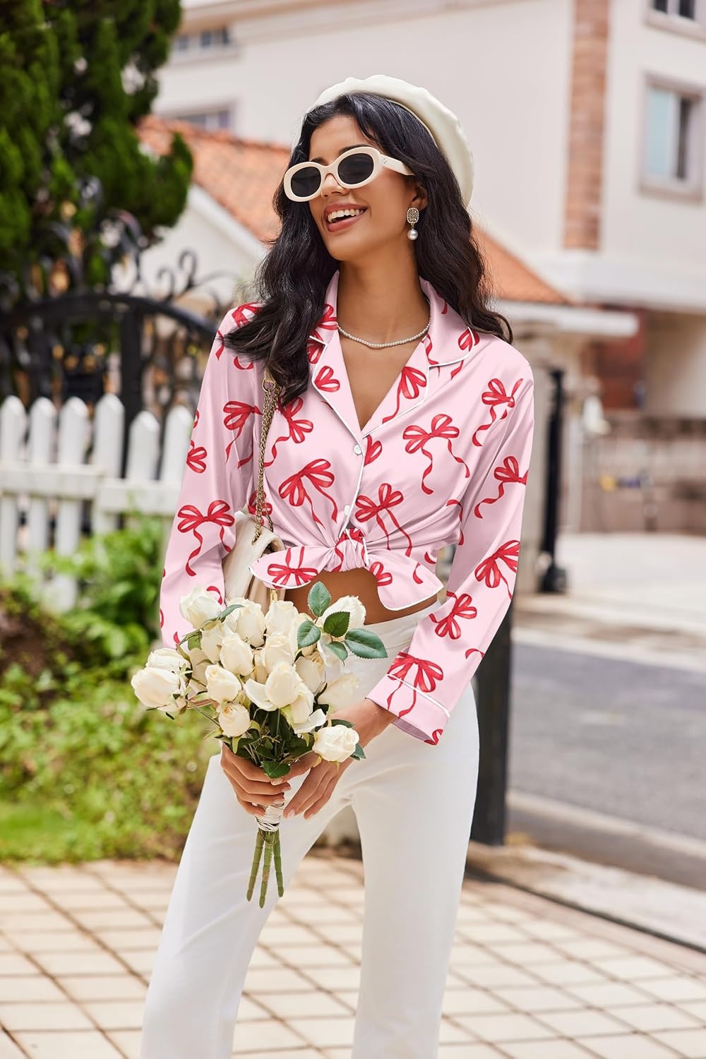 image:imageEkouaer Womens Pajama Sets Satin Silk Pjs Long Sleeve Button Down SleepwearPink Bow