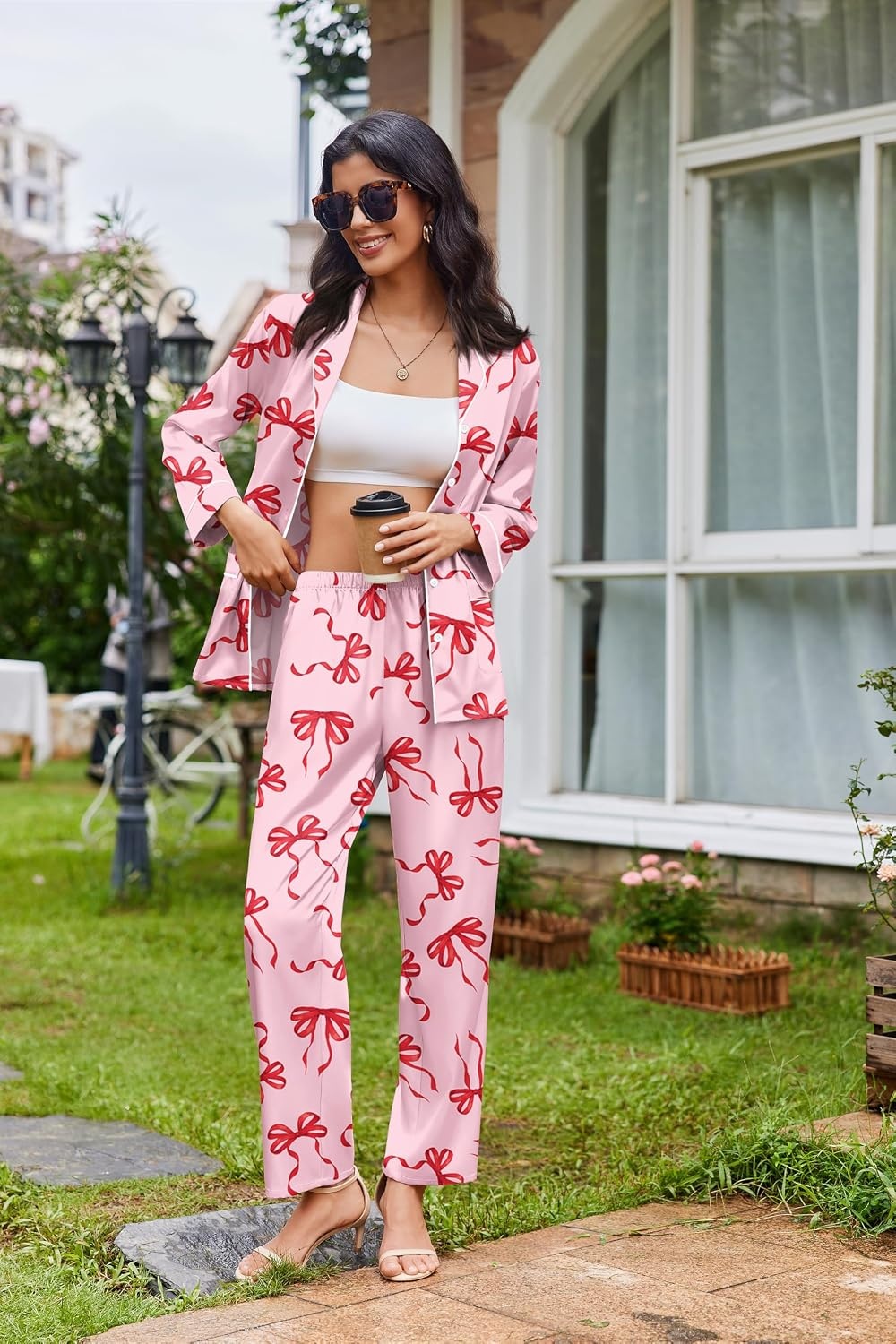 image:imageEkouaer Womens Pajama Sets Satin Silk Pjs Long Sleeve Button Down SleepwearPink Bow
