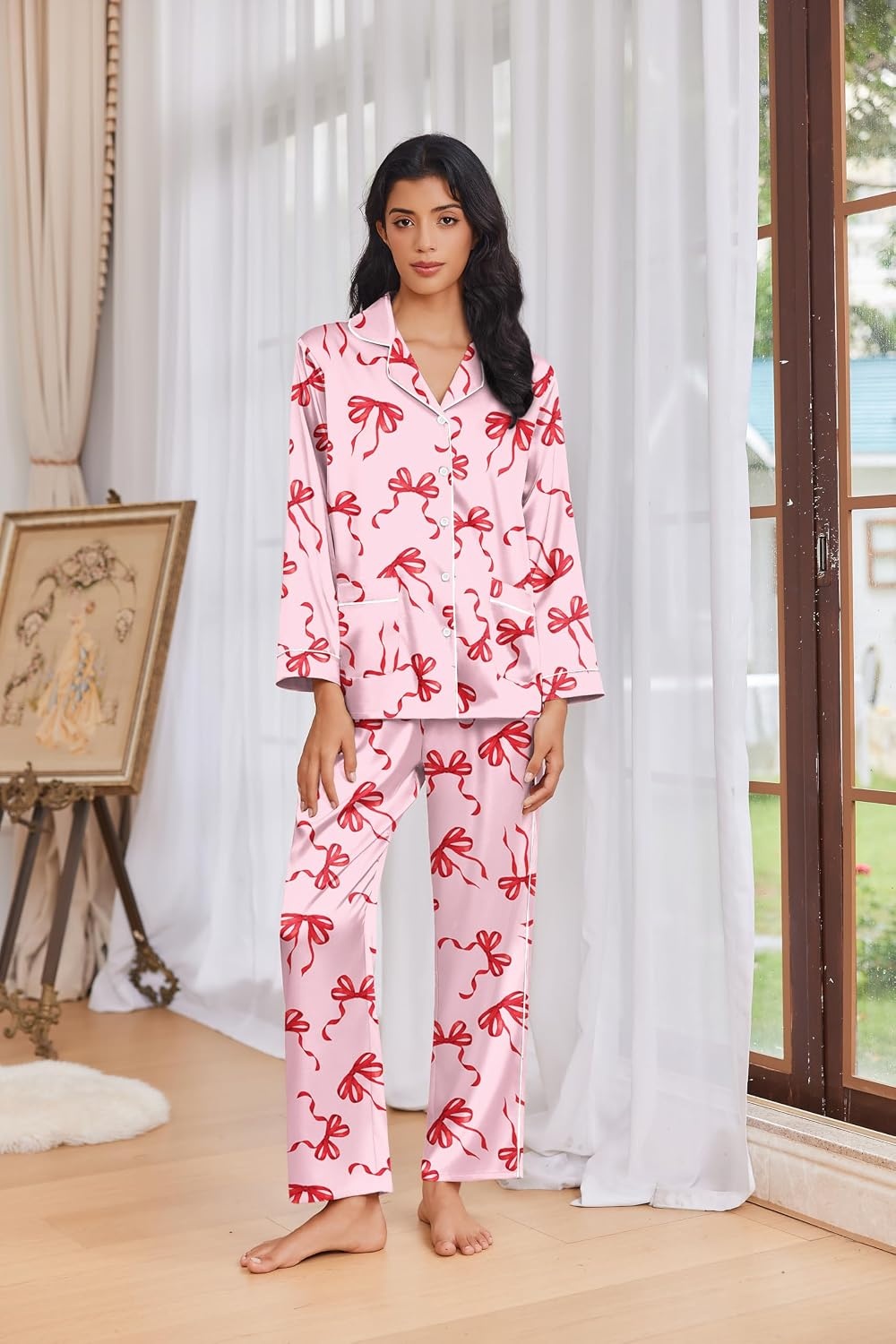 image:imageEkouaer Womens Pajama Sets Satin Silk Pjs Long Sleeve Button Down SleepwearPink Bow