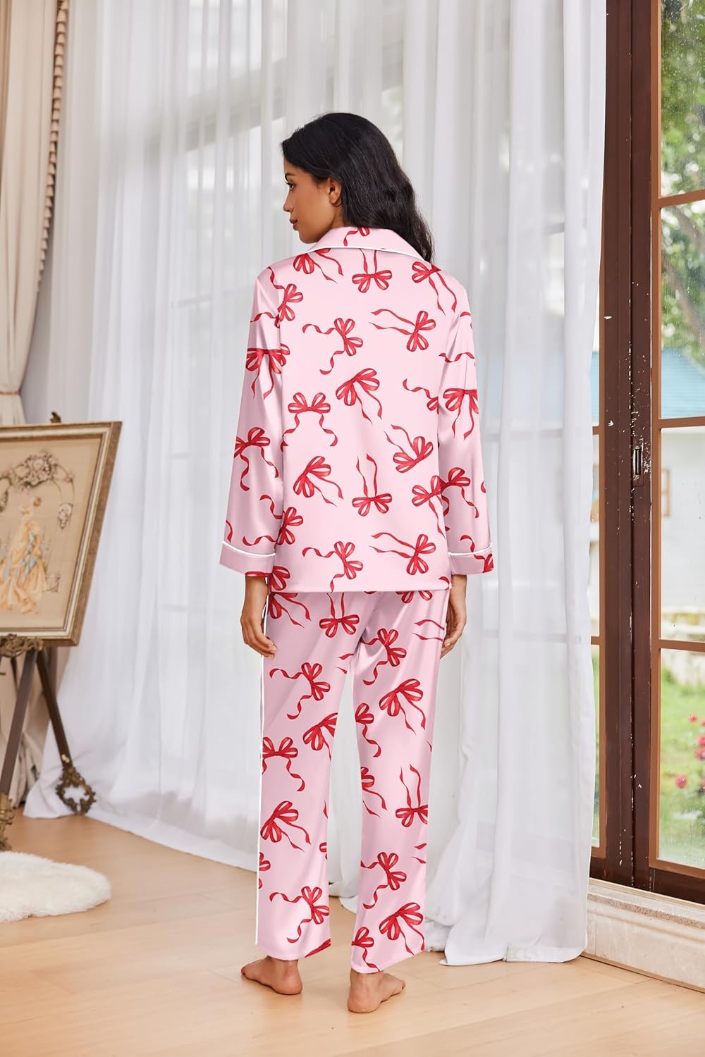 image:imageEkouaer Womens Pajama Sets Satin Silk Pjs Long Sleeve Button Down SleepwearPink Bow