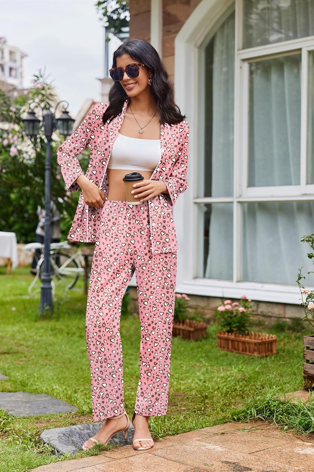 image:imageEkouaer Womens Pajama Sets Satin Silk Pjs Long Sleeve Button Down SleepwearPink Leopard Love