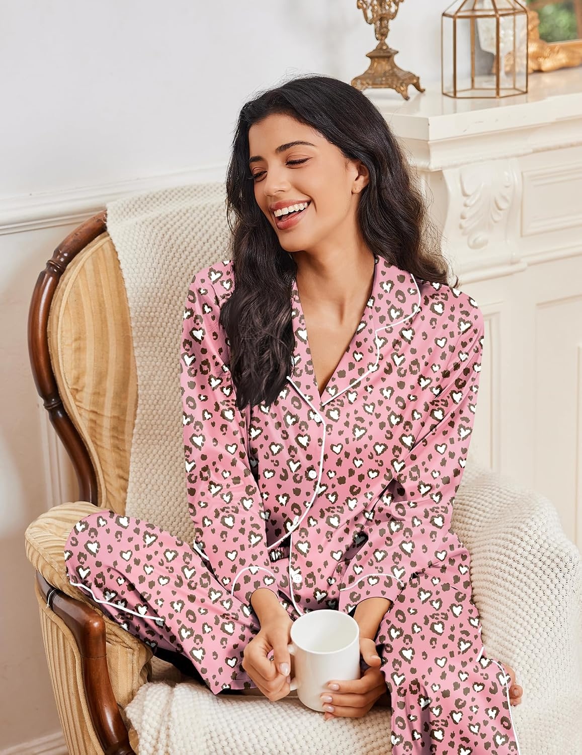 image:imageEkouaer Womens Pajama Sets Satin Silk Pjs Long Sleeve Button Down SleepwearPink Leopard Love
