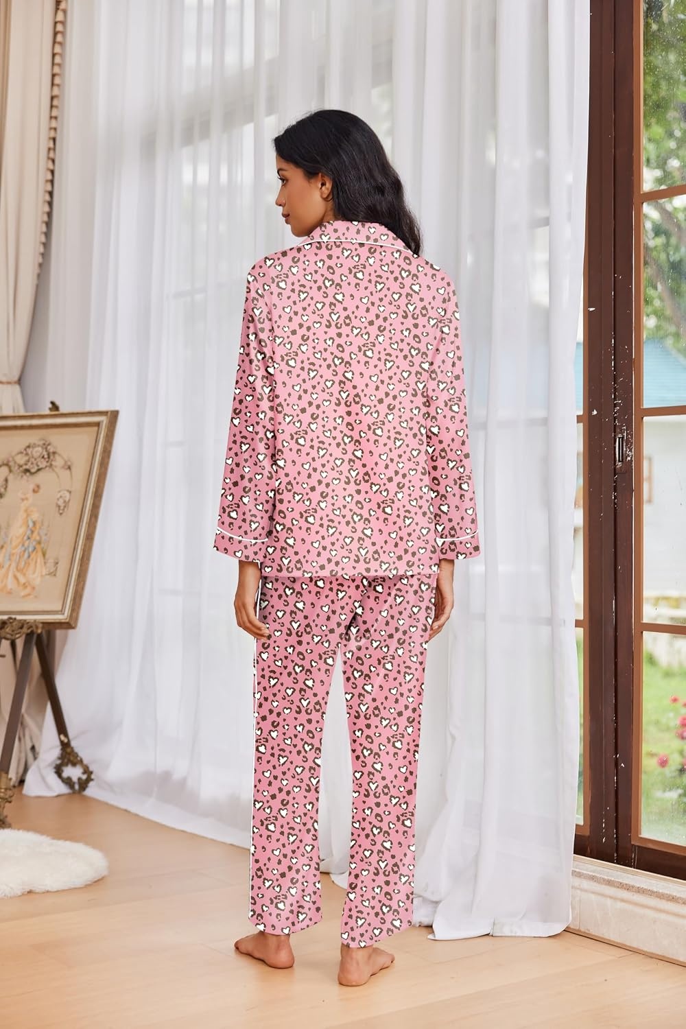 image:imageEkouaer Womens Pajama Sets Satin Silk Pjs Long Sleeve Button Down SleepwearPink Leopard Love
