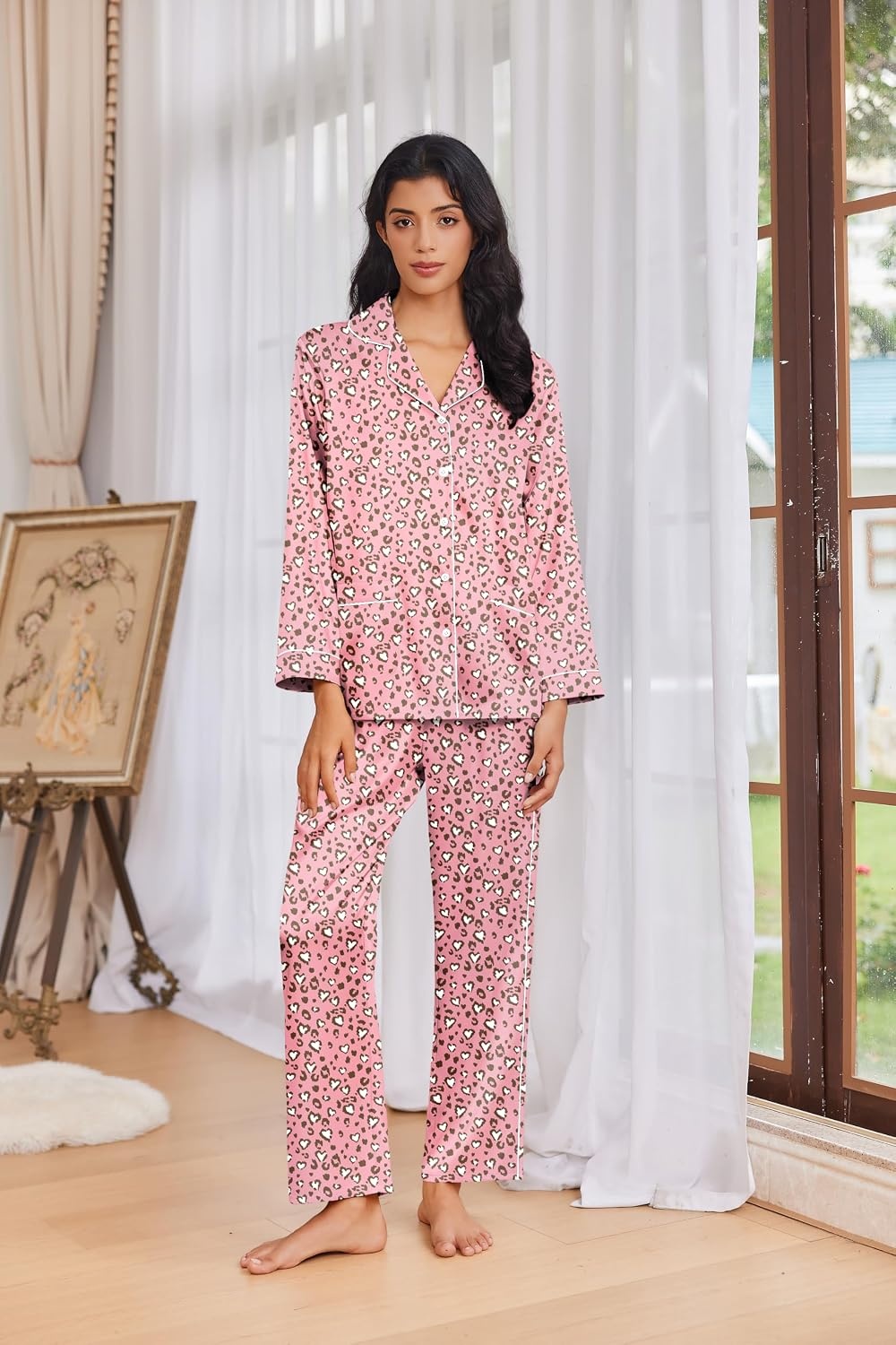 image:imageEkouaer Womens Pajama Sets Satin Silk Pjs Long Sleeve Button Down SleepwearPink Leopard Love