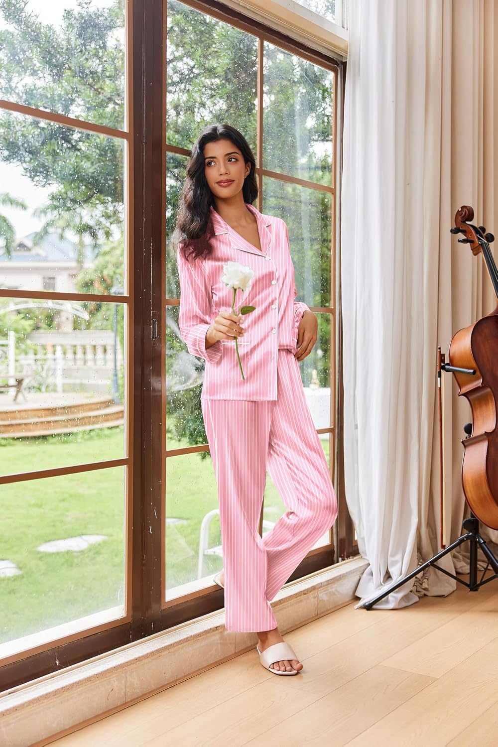 image:imageEkouaer Womens Pajama Sets Satin Silk Pjs Long Sleeve Button Down SleepwearPink Striped