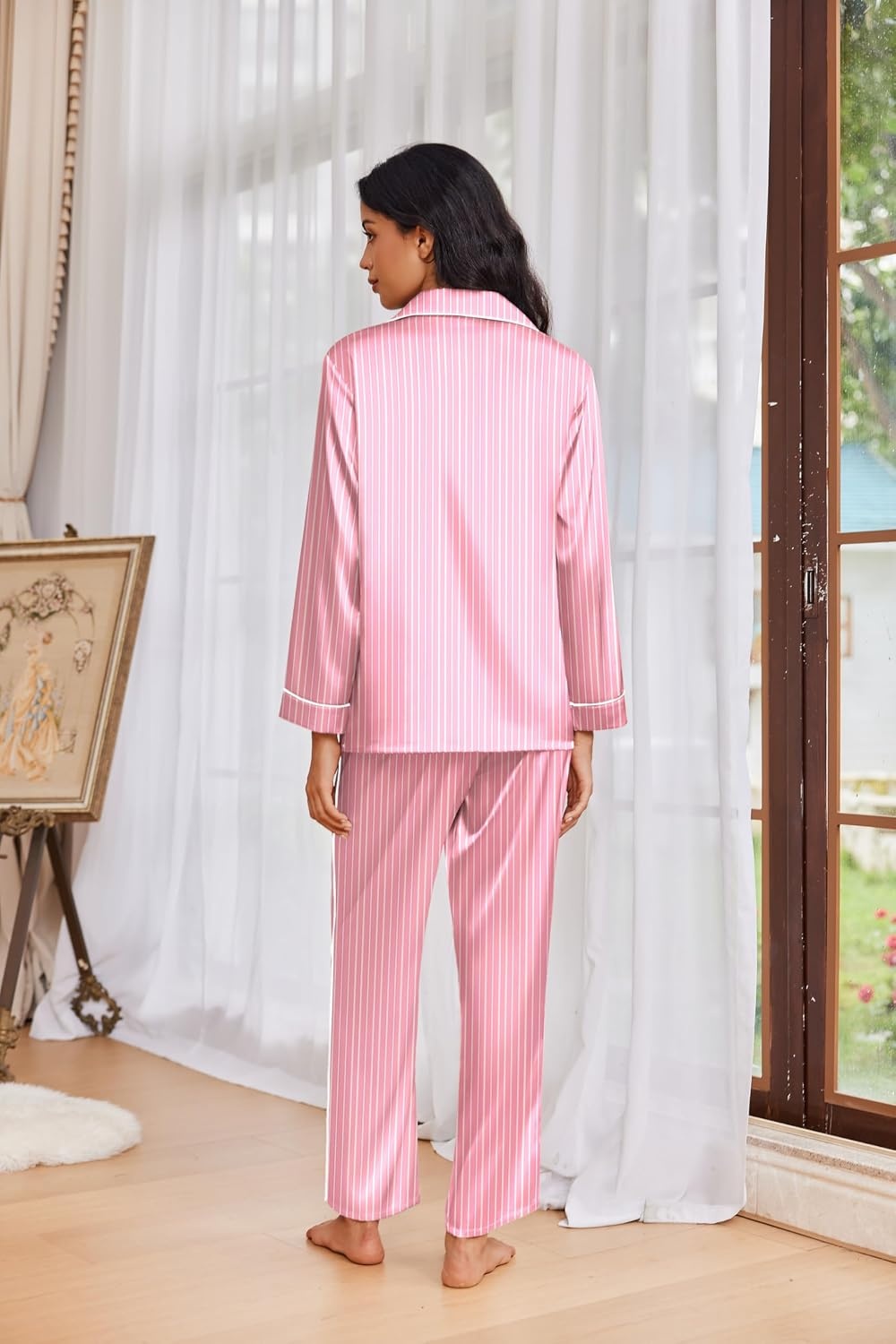 image:imageEkouaer Womens Pajama Sets Satin Silk Pjs Long Sleeve Button Down SleepwearPink Striped