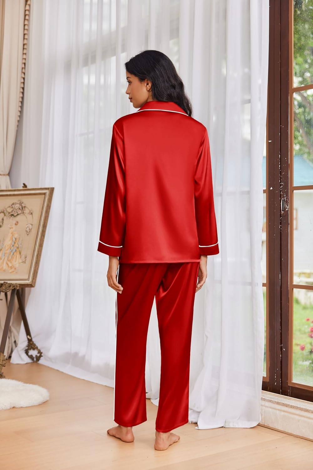 image:imageEkouaer Womens Pajama Sets Satin Silk Pjs Long Sleeve Button Down SleepwearRed