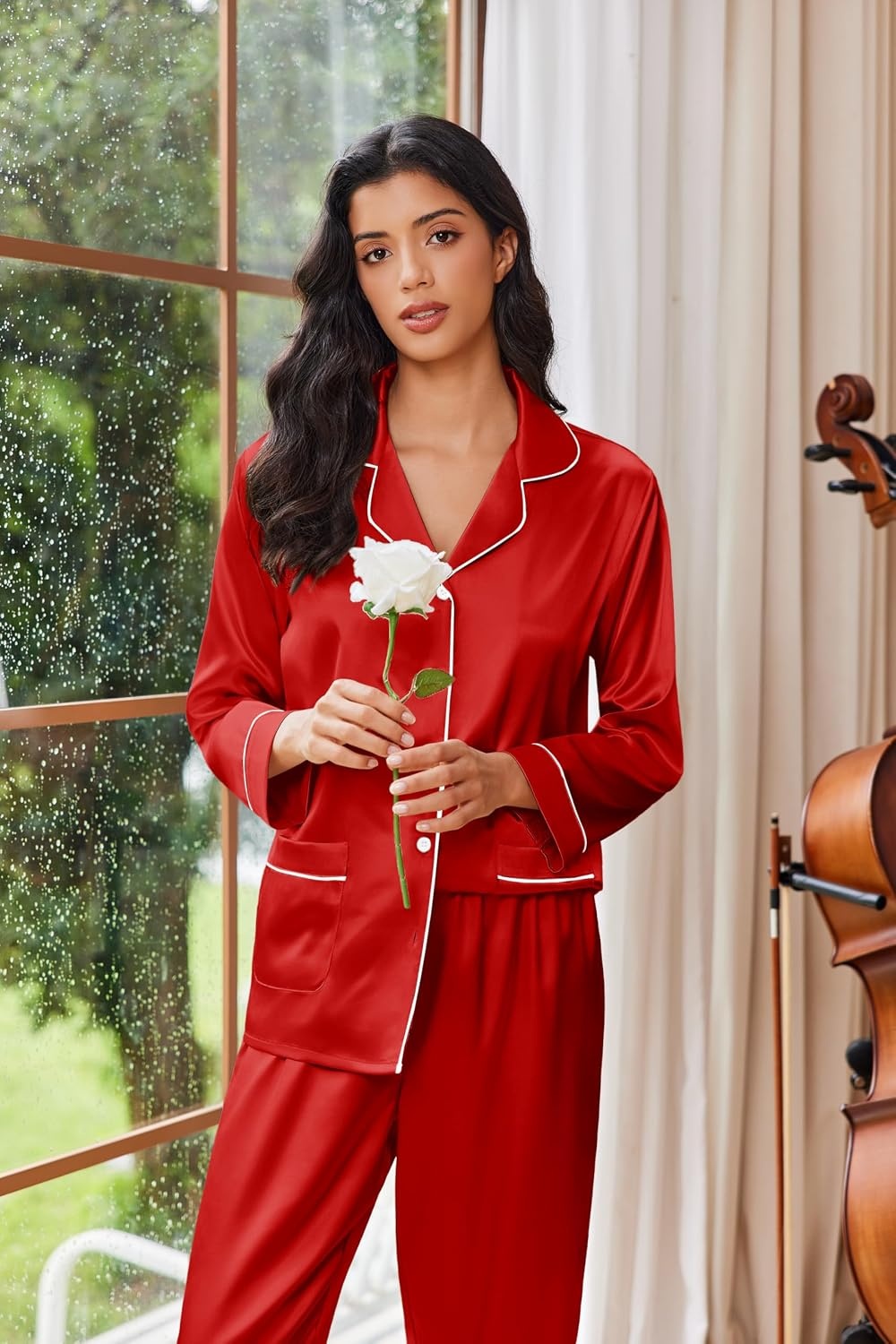 image:imageEkouaer Womens Pajama Sets Satin Silk Pjs Long Sleeve Button Down SleepwearRed