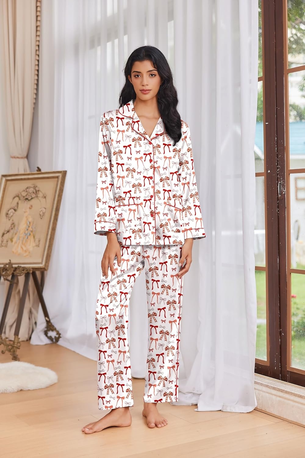 image:imageEkouaer Womens Pajama Sets Satin Silk Pjs Long Sleeve Button Down SleepwearRed Bow