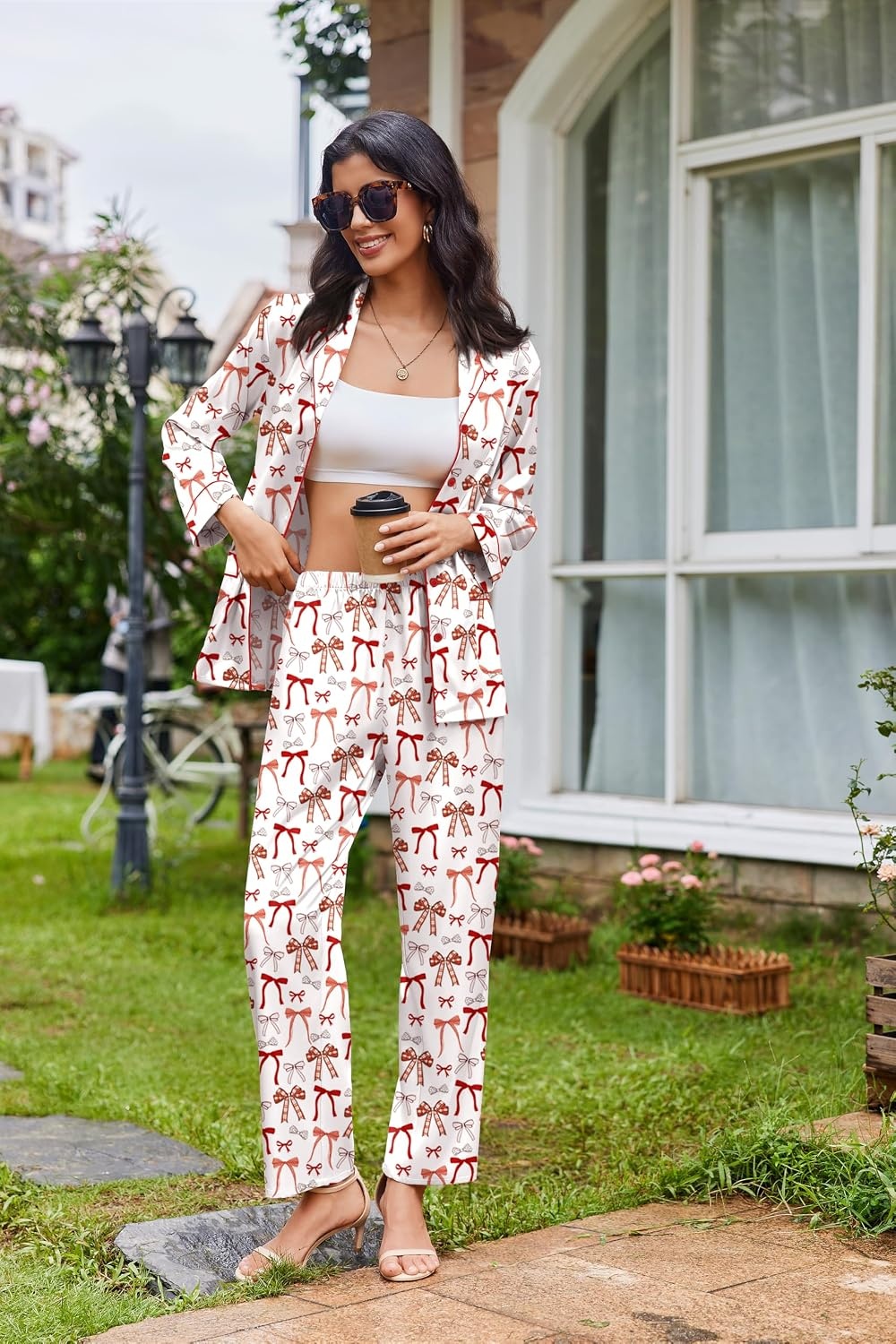 image:imageEkouaer Womens Pajama Sets Satin Silk Pjs Long Sleeve Button Down SleepwearRed Bow