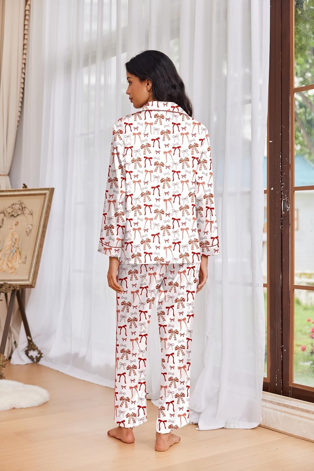 image:imageEkouaer Womens Pajama Sets Satin Silk Pjs Long Sleeve Button Down SleepwearRed Bow