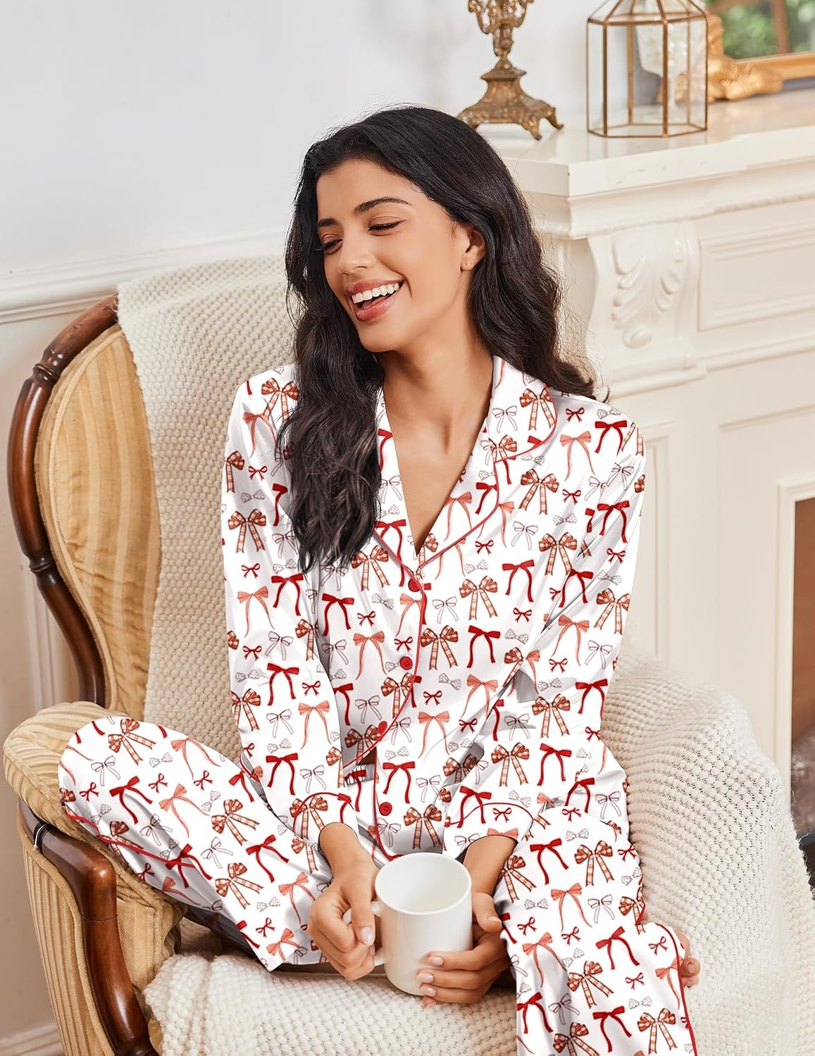 image:imageEkouaer Womens Pajama Sets Satin Silk Pjs Long Sleeve Button Down SleepwearRed Bow
