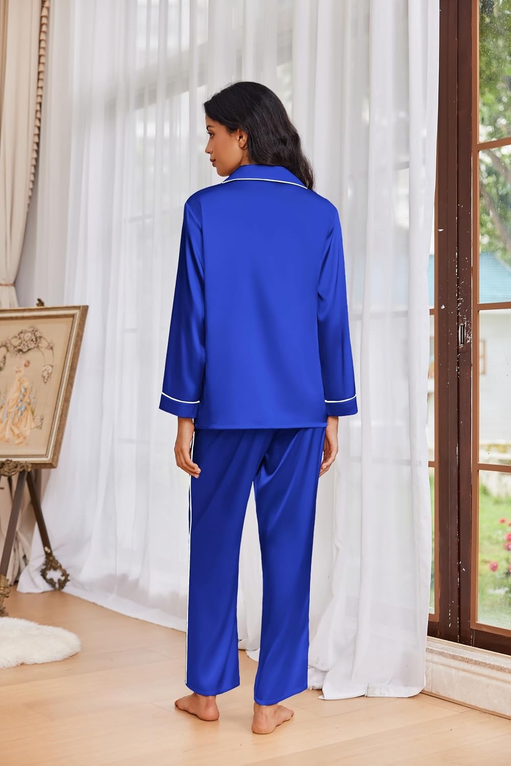 image:imageEkouaer Womens Pajama Sets Satin Silk Pjs Long Sleeve Button Down SleepwearRoyal Blue