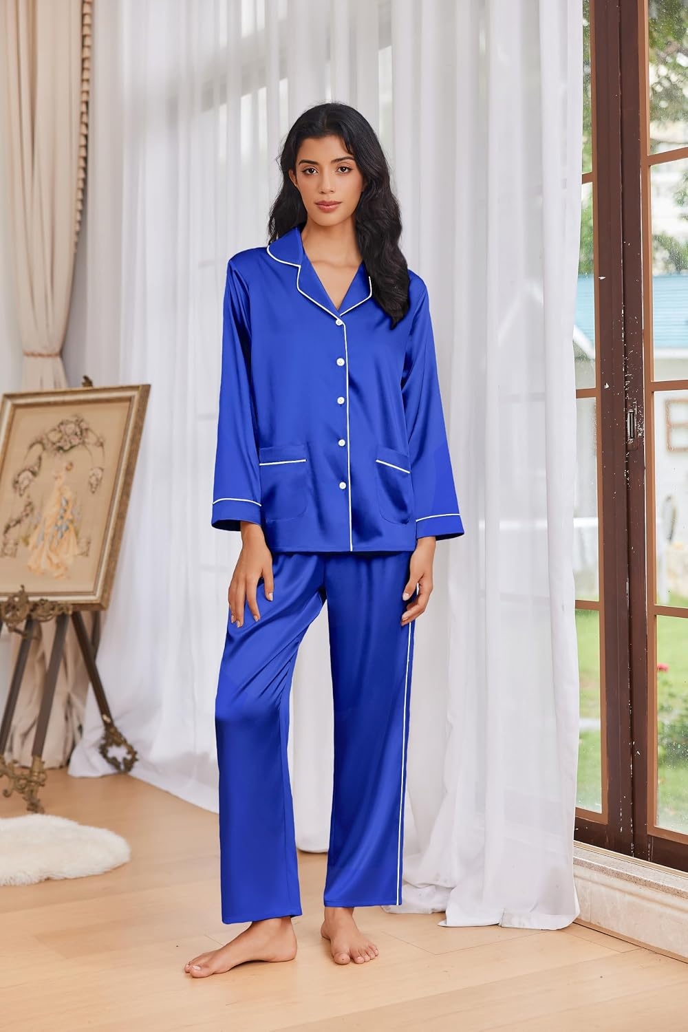 image:imageEkouaer Womens Pajama Sets Satin Silk Pjs Long Sleeve Button Down SleepwearRoyal Blue