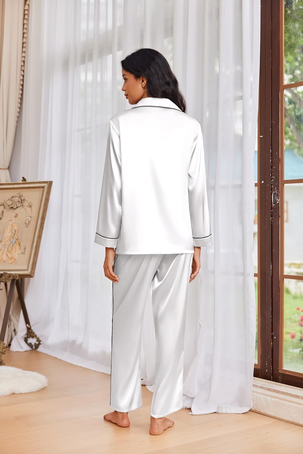 image:imageEkouaer Womens Pajama Sets Satin Silk Pjs Long Sleeve Button Down SleepwearWhite