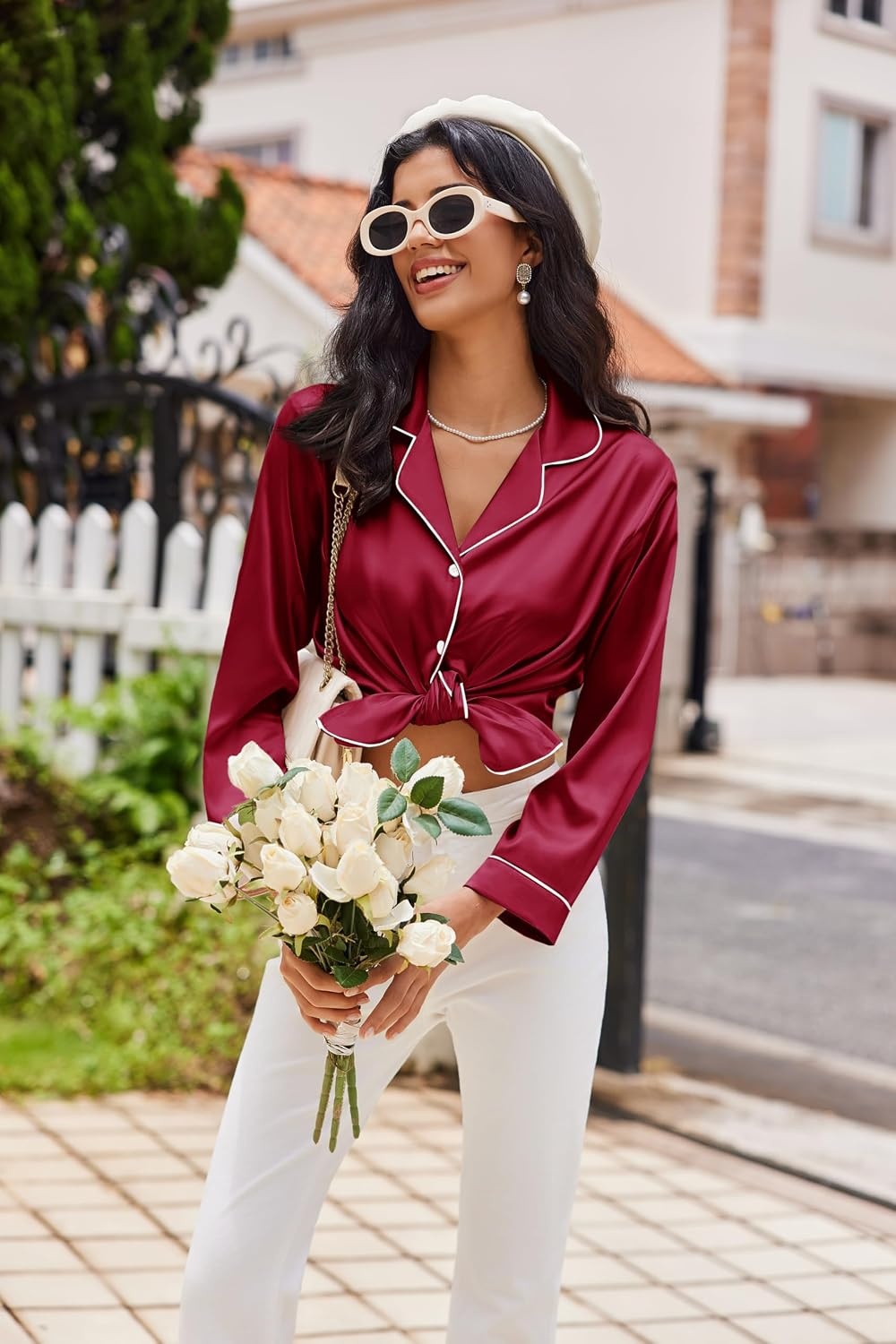 image:imageEkouaer Womens Pajama Sets Satin Silk Pjs Long Sleeve Button Down SleepwearWine Red
