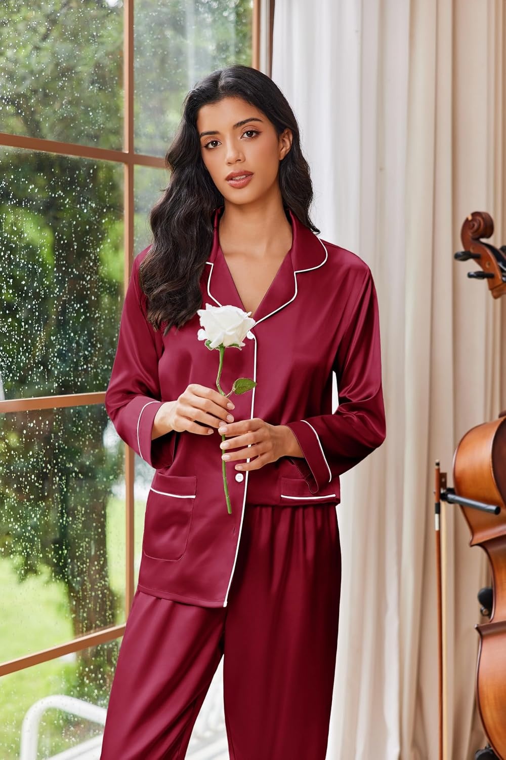image:imageEkouaer Womens Pajama Sets Satin Silk Pjs Long Sleeve Button Down SleepwearWine Red