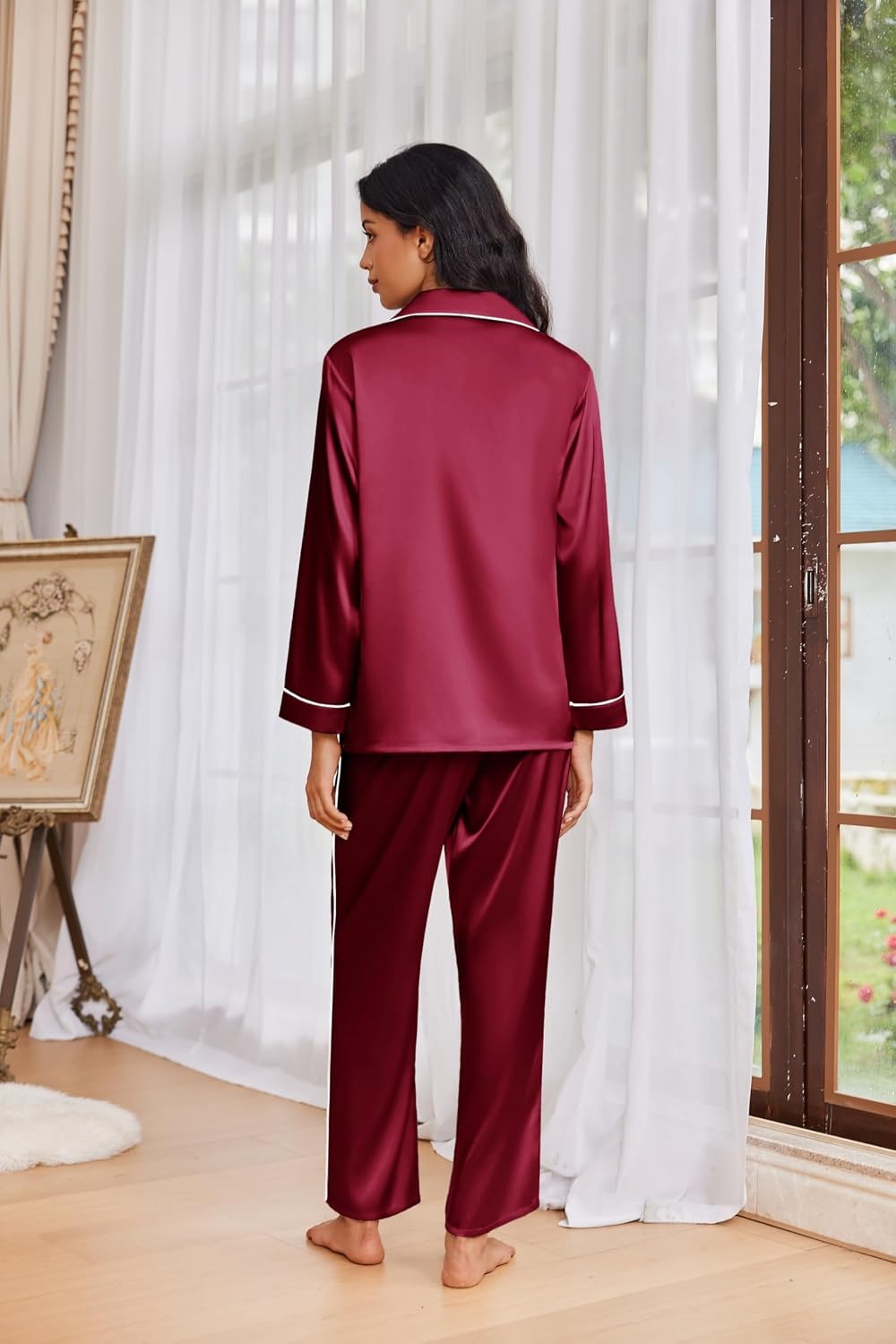 image:imageEkouaer Womens Pajama Sets Satin Silk Pjs Long Sleeve Button Down SleepwearWine Red