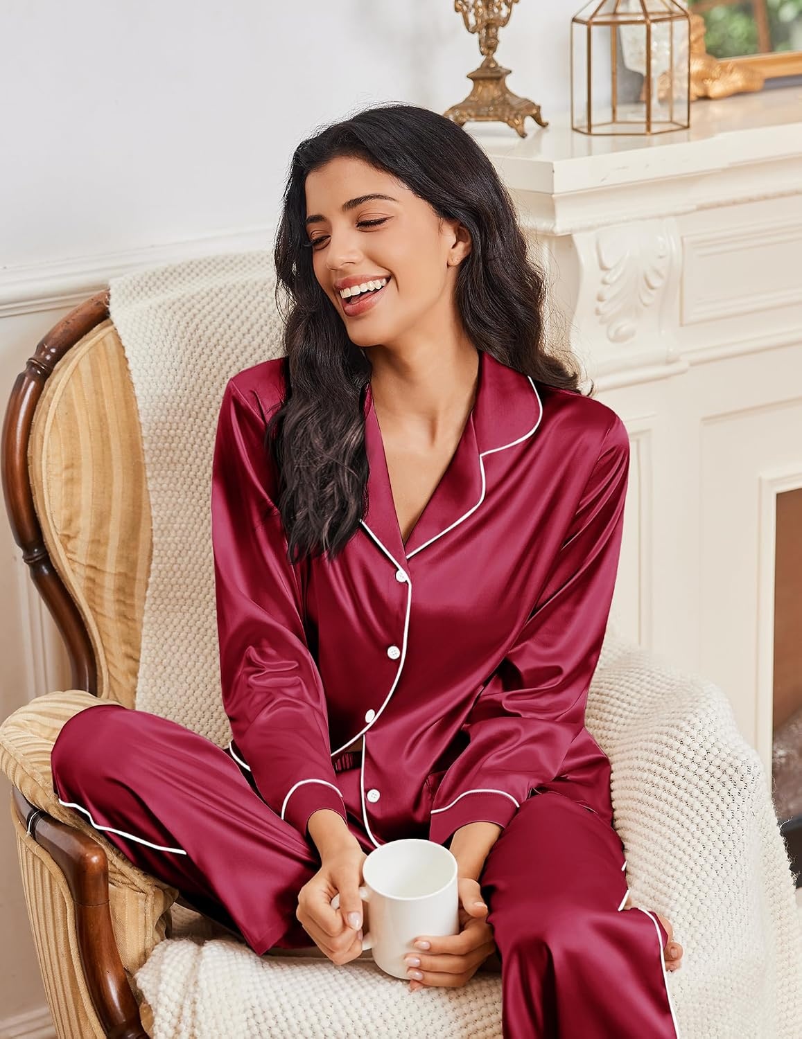 image:imageEkouaer Womens Pajama Sets Satin Silk Pjs Long Sleeve Button Down SleepwearWine Red