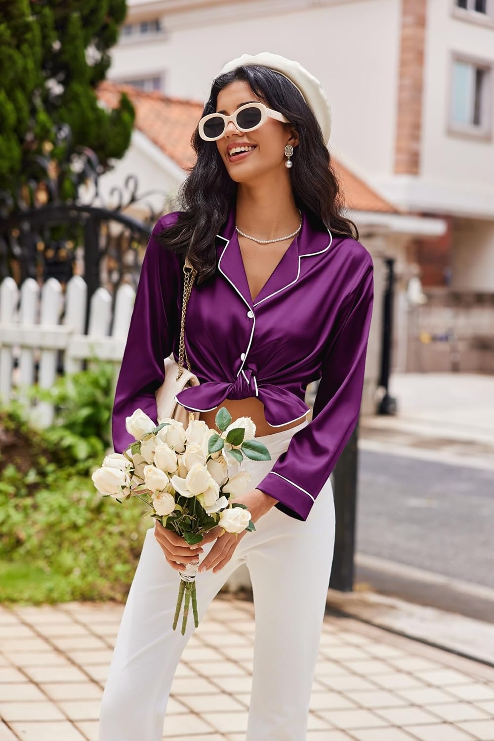 image:imageEkouaer Womens Pajama Sets Satin Silk Pjs Long Sleeve Button Down SleepwearWineberry