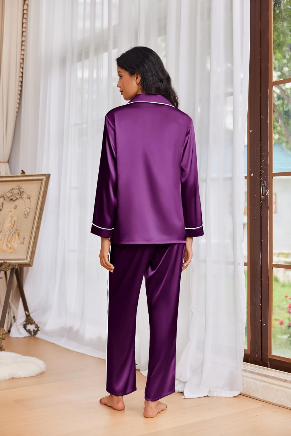 image:imageEkouaer Womens Pajama Sets Satin Silk Pjs Long Sleeve Button Down SleepwearWineberry