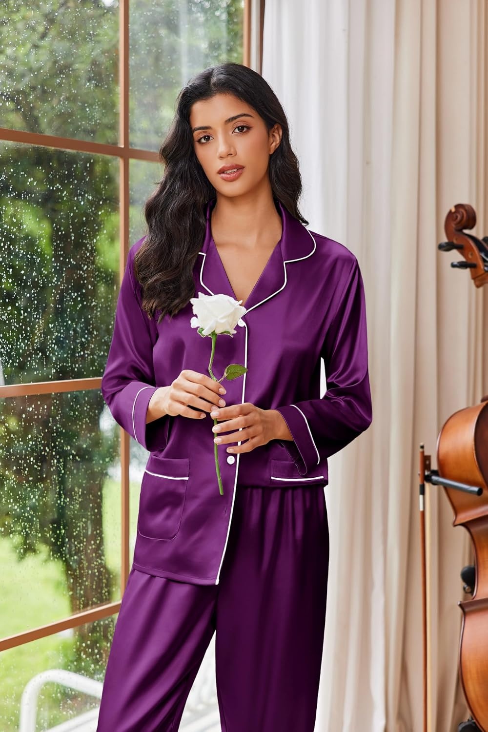 image:imageEkouaer Womens Pajama Sets Satin Silk Pjs Long Sleeve Button Down SleepwearWineberry