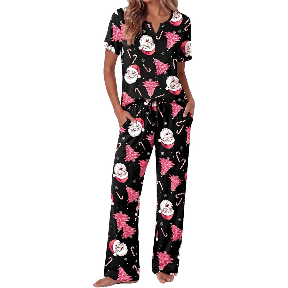 image:imageEkouaer 2 Piece Womens Pajamas Set Short Sleeve Pjs Print Pants Lounge SetA Black Santa Claus and Christmas Tree