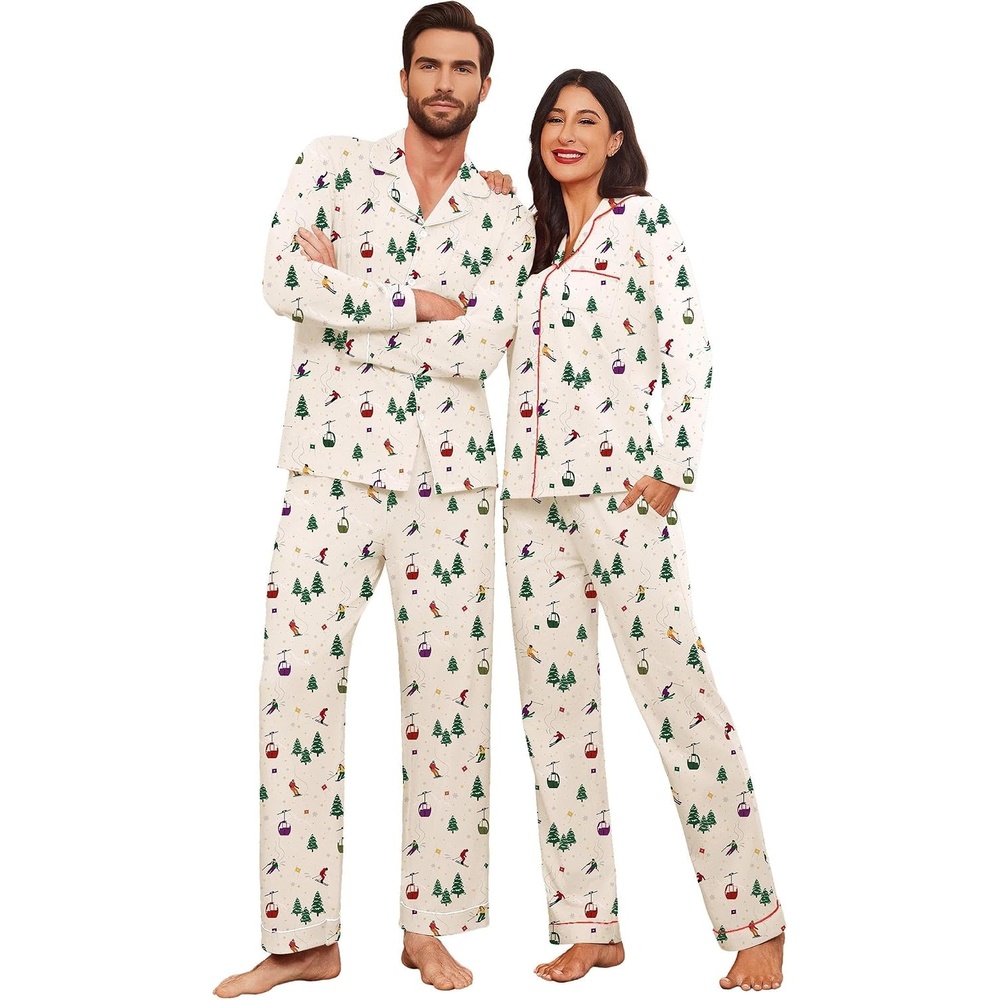 image:imageEkouaer Couple Matching Pajamas 100 Cotton Long Sleeve Loungewear Pj SetsChristmas Apricot Ski Lift