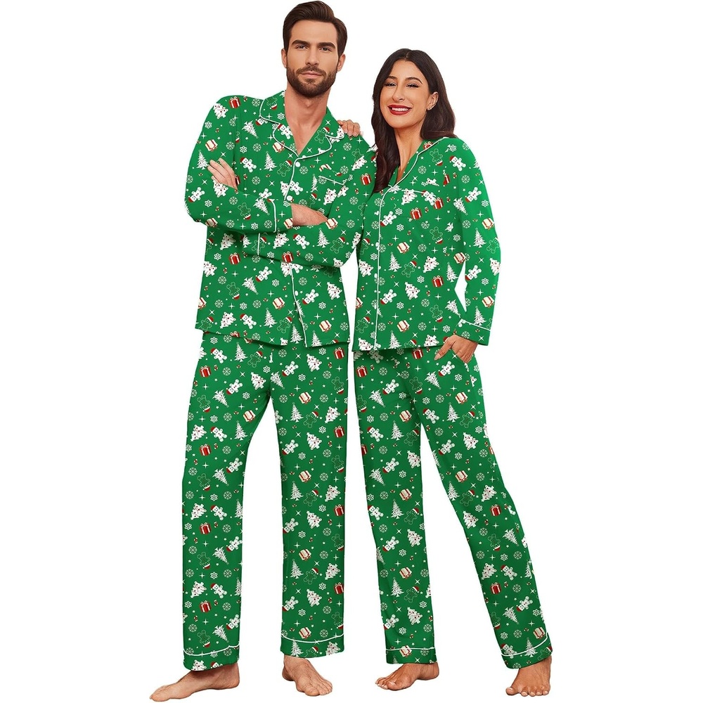 image:imageEkouaer Couple Matching Pajamas 100 Cotton Long Sleeve Loungewear Pj SetsChristmas Green Gingerbread Man