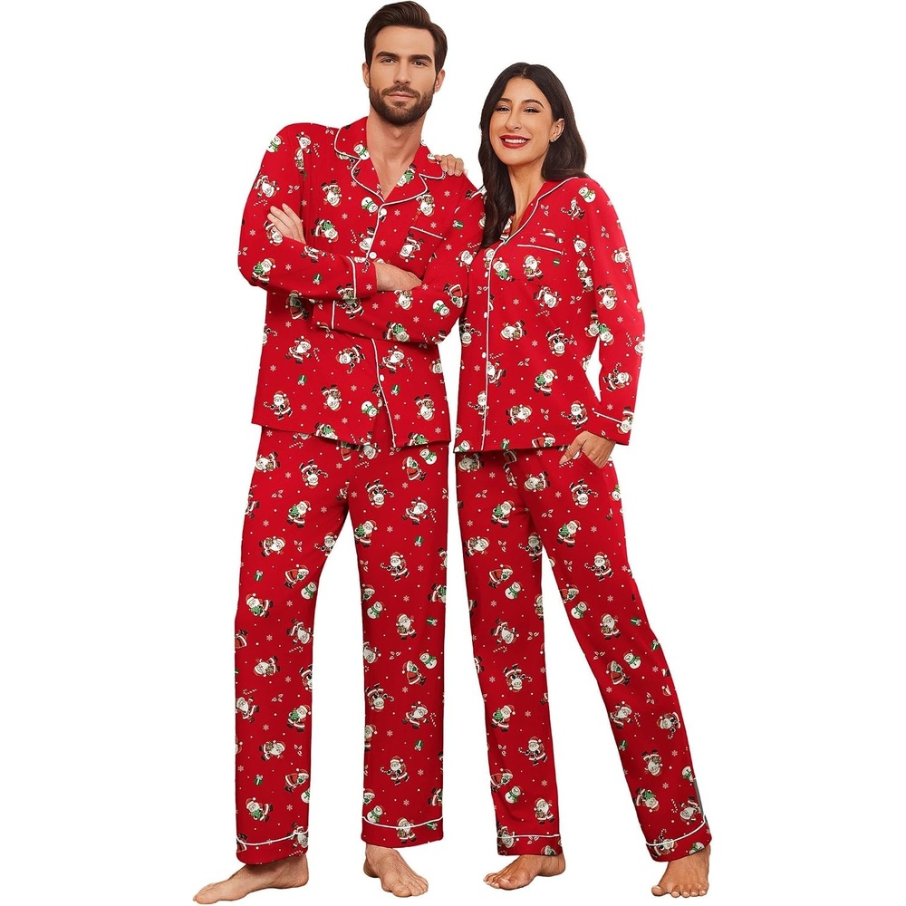 image:imageEkouaer Couple Matching Pajamas 100 Cotton Long Sleeve Loungewear Pj SetsChristmas Red