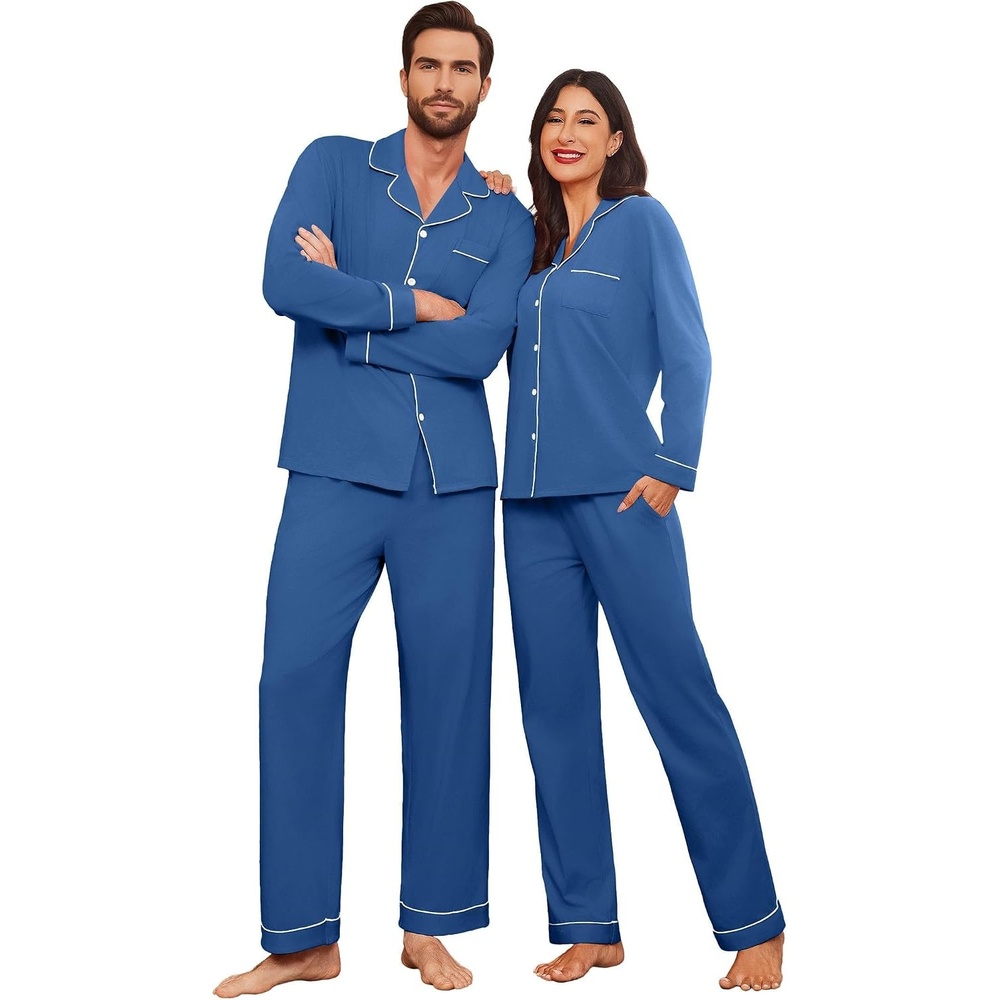 image:imageEkouaer Couple Matching Pajamas 100 Cotton Long Sleeve Loungewear Pj SetsNavyb