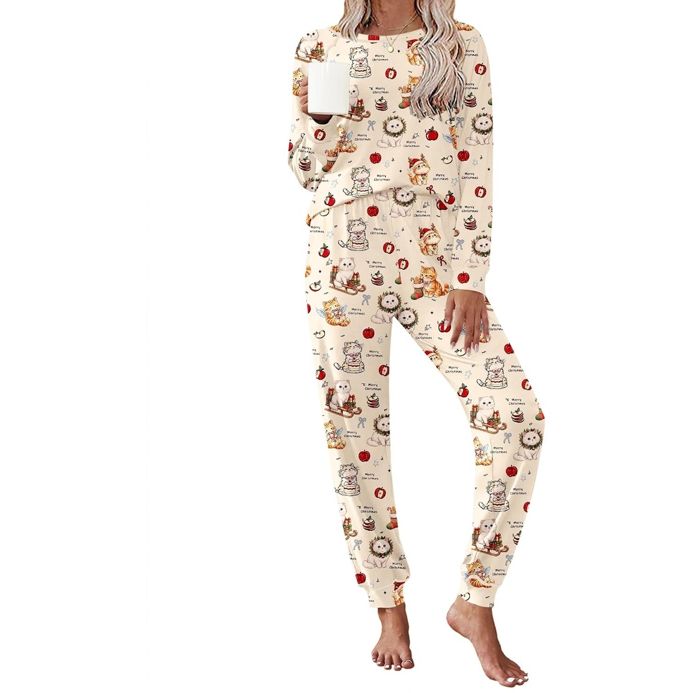image:imageEkouaer Pajamas Set for Women Soft Comfy Pjs Jogger Lounge SetsBeige Cat