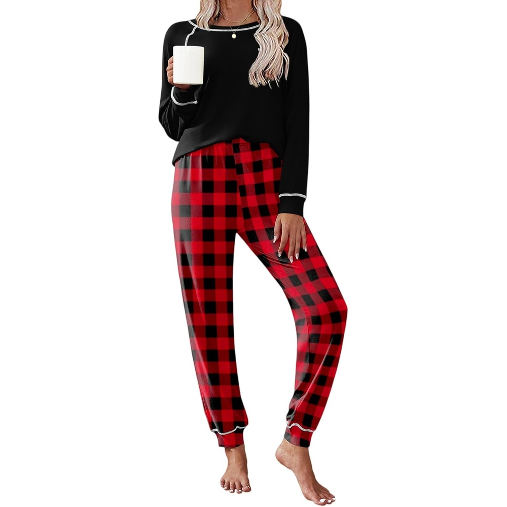 image:imageEkouaer Pajamas Set for Women Soft Comfy Pjs Jogger Lounge SetsBlack Plaid