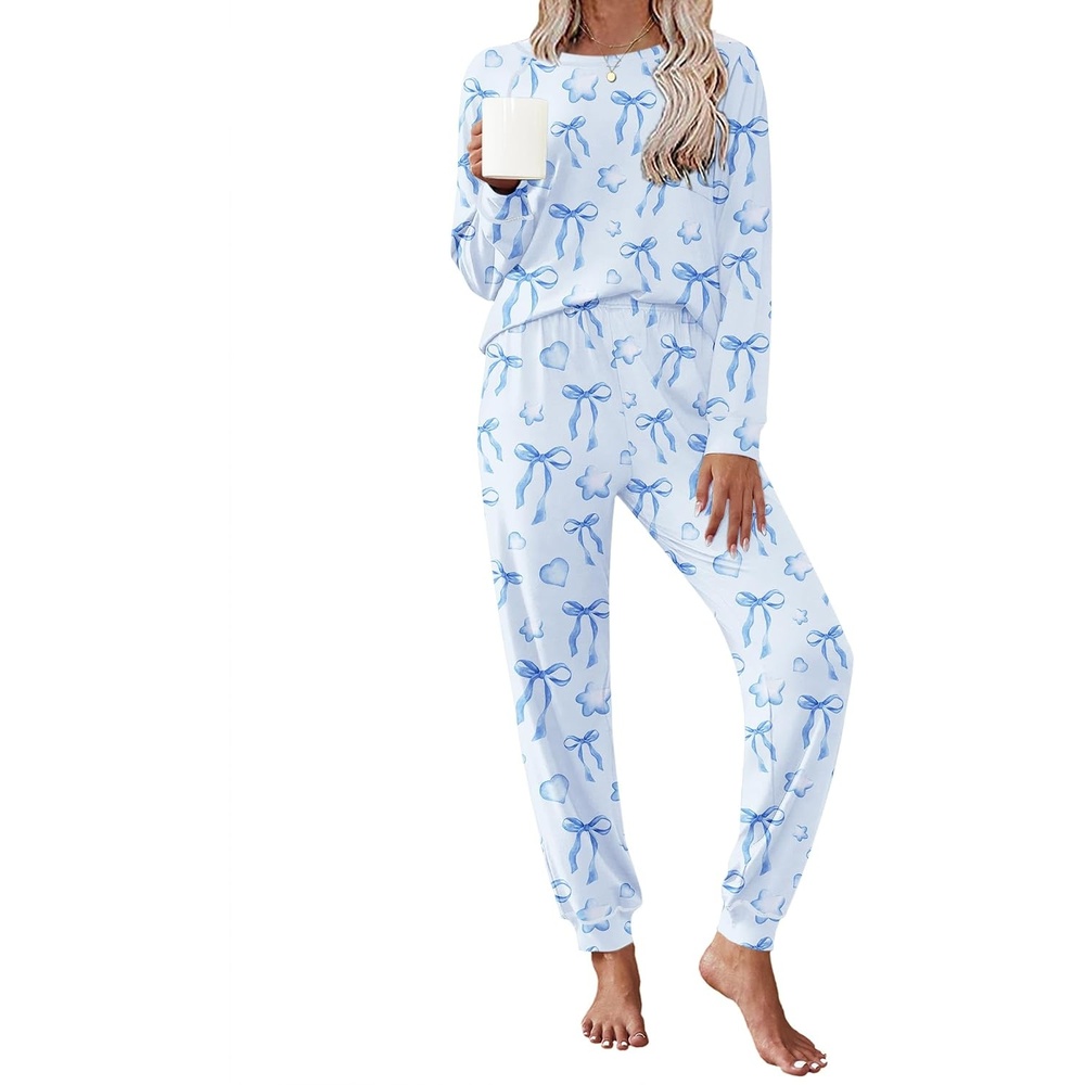 image:imageEkouaer Pajamas Set for Women Soft Comfy Pjs Jogger Lounge SetsBlue Bow