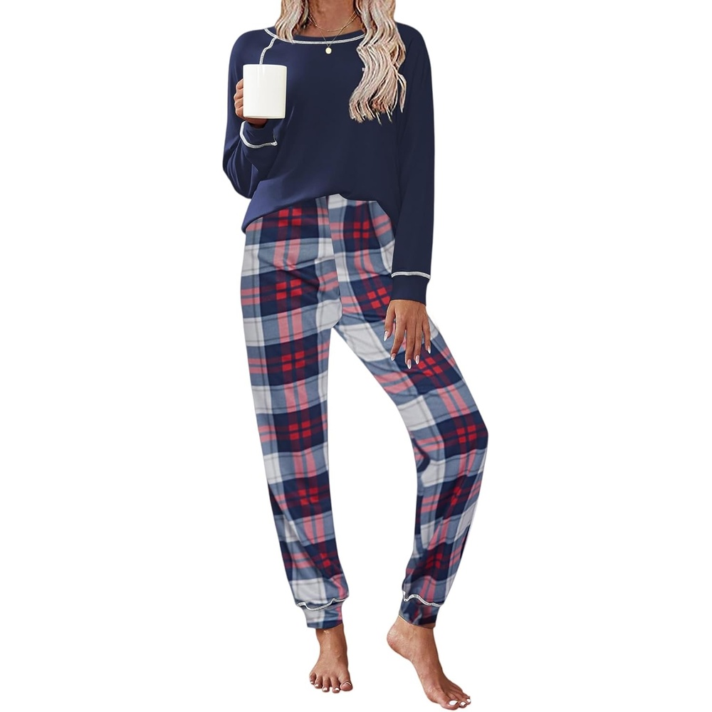 image:imageEkouaer Pajamas Set for Women Soft Comfy Pjs Jogger Lounge SetsNavy Plaid