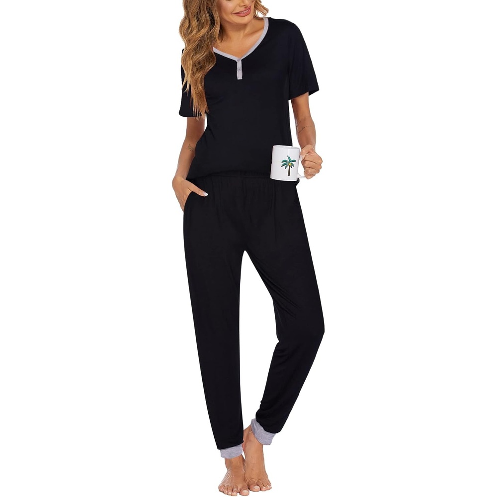 image:imageEkouaer Pajamas for Women Set 2 Piece Short Sleeve Fall Pjs with PocketsBlack