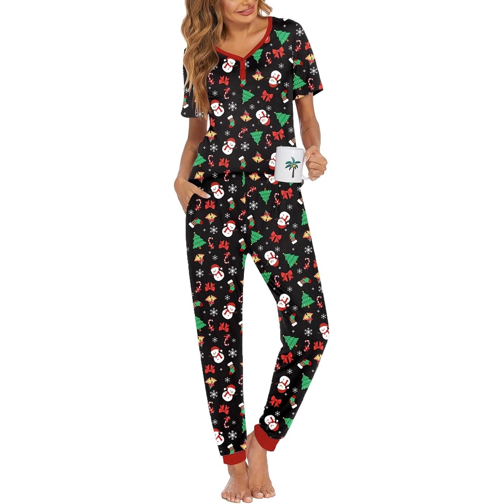 image:imageEkouaer Pajamas for Women Set 2 Piece Short Sleeve Fall Pjs with PocketsBlackchristmas
