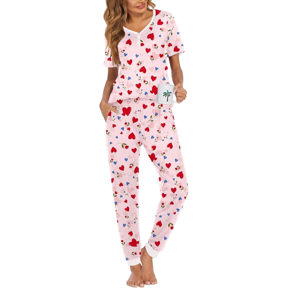 image:imageEkouaer Pajamas for Women Set 2 Piece Short Sleeve Fall Pjs with PocketsPinklove