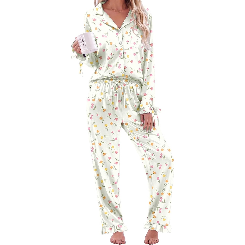 image:imageEkouaer Satin Pajamas for Women Silky Long Sleeve Button Down Pajama SetsFloral Print
