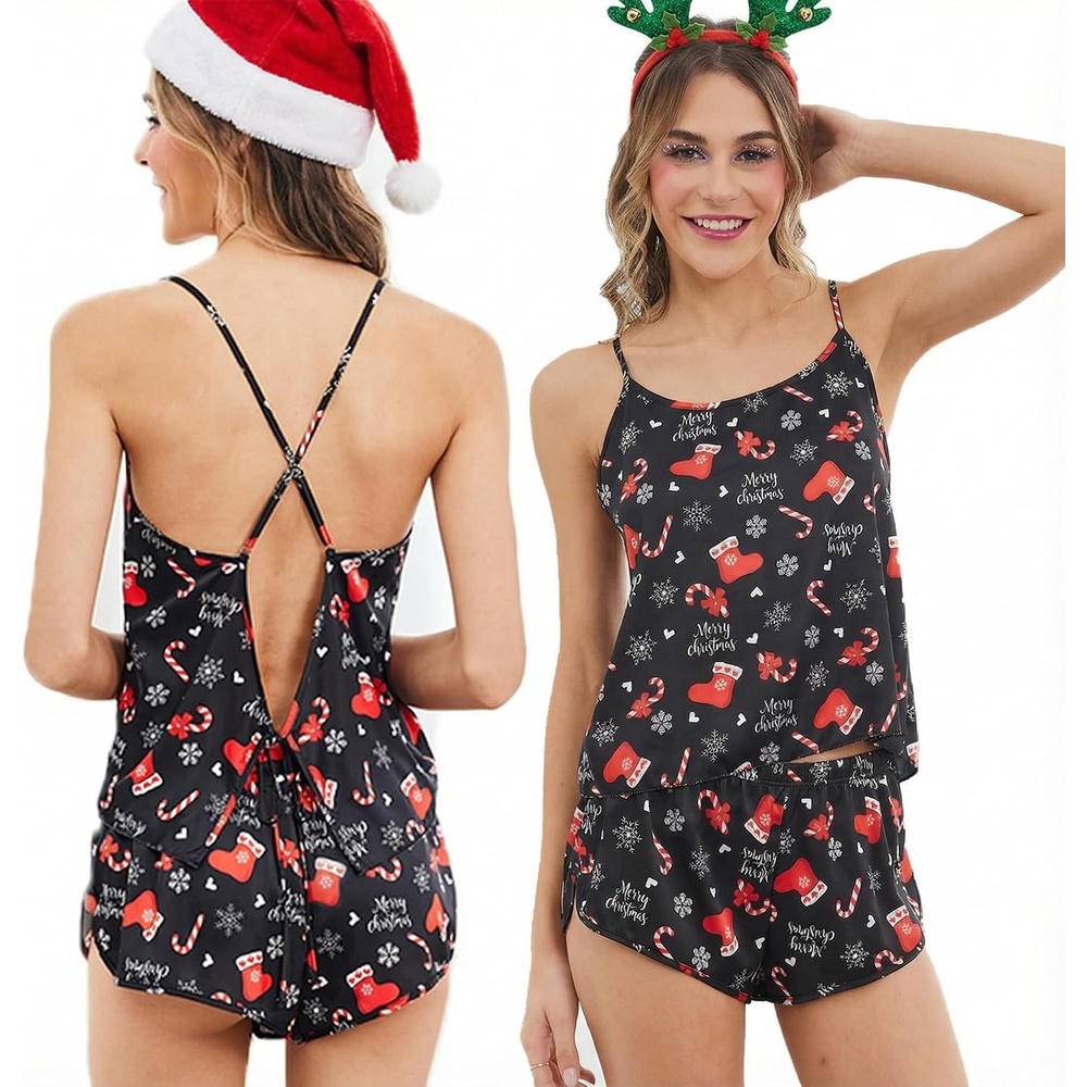 image:imageEkouaer Silk Pajamas Set for Women Satin Backless Lingerie Pjs NightwearBlack Christmas Stocking