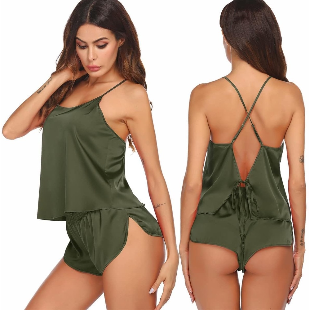image:imageEkouaer Silk Pajamas Set for Women Satin Backless Lingerie Pjs NightwearGreen