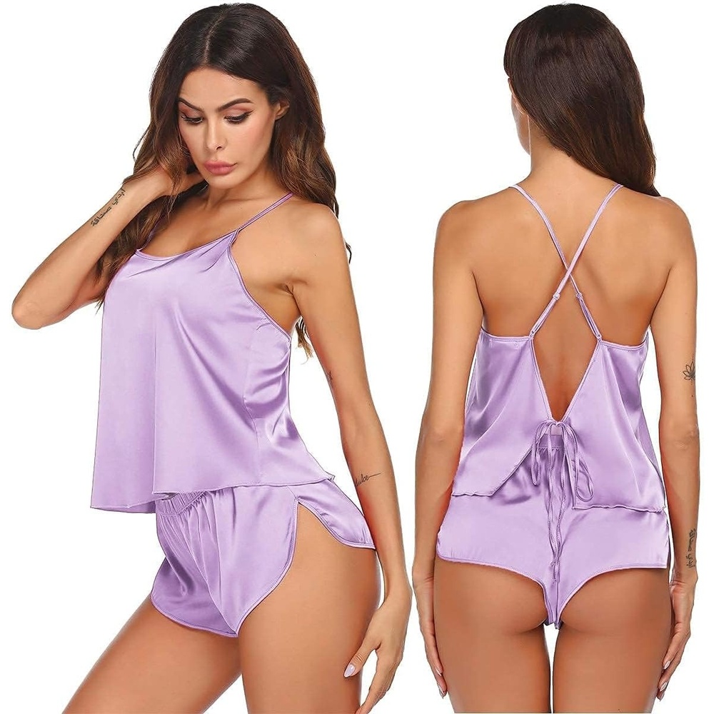 image:imageEkouaer Silk Pajamas Set for Women Satin Backless Lingerie Pjs NightwearLavender