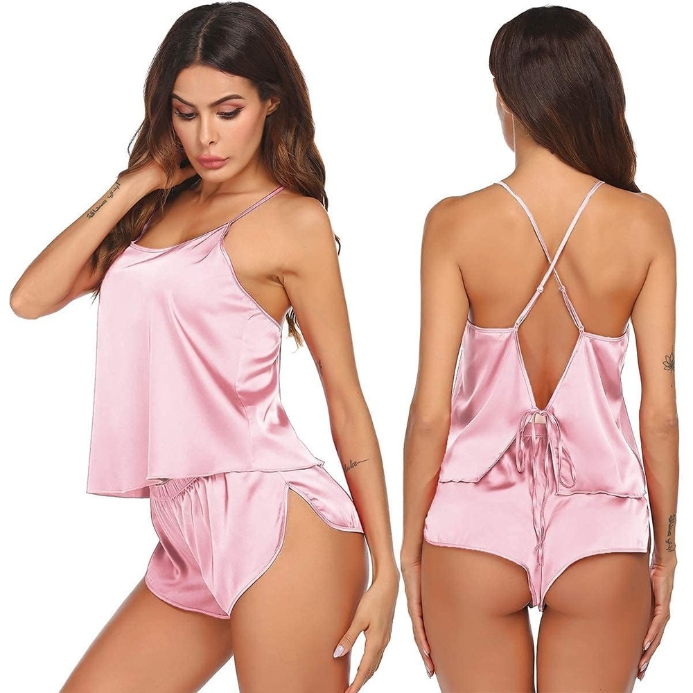 image:imageEkouaer Silk Pajamas Set for Women Satin Backless Lingerie Pjs NightwearMisty Rose