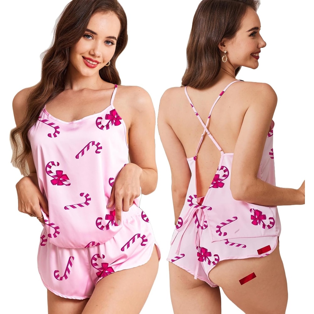 image:imageEkouaer Silk Pajamas Set for Women Satin Backless Lingerie Pjs NightwearPink Bow Candy Cane